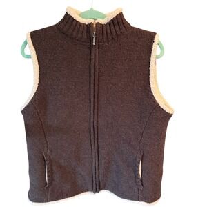 L.L.Bean Womens Lambswool Blend Knit Vest Sherpa Trim Full‎ Zip Brown Large